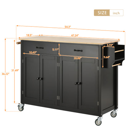 Black Solid Wood Top Kitchen Island Cart With Locking Wheels