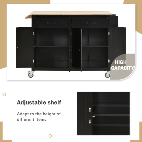 Black Solid Wood Top Kitchen Island Cart With Locking Wheels