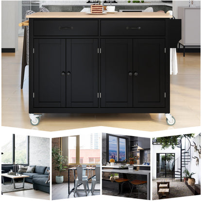 Black Solid Wood Top Kitchen Island Cart With Locking Wheels