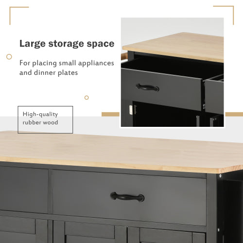 Black Solid Wood Top Kitchen Island Cart With Locking Wheels
