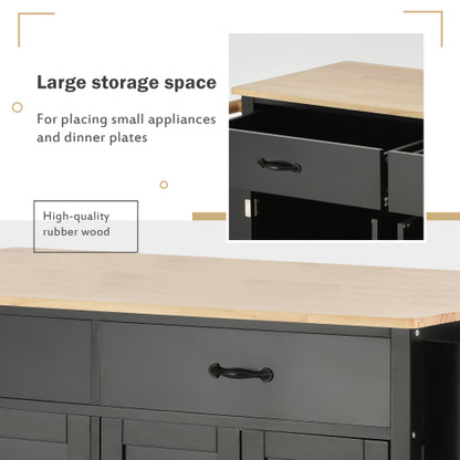 Black Solid Wood Top Kitchen Island Cart With Locking Wheels