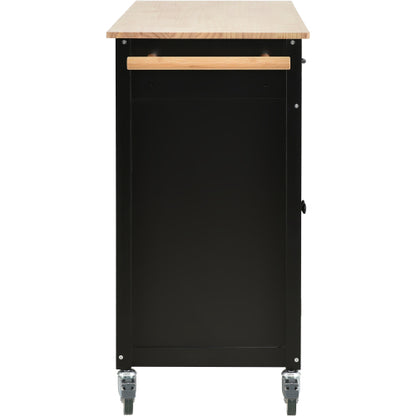 Black Solid Wood Top Kitchen Island Cart With Locking Wheels
