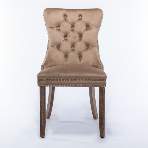 Modern, High-end Tufted Solid Wood Contemporary Velvet Upholstered Dining Chair with Wood Legs Nailhead Trim 2-Pcs Set, Khaki