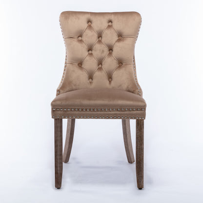 Modern, High-end Tufted Solid Wood Contemporary Velvet Upholstered Dining Chair with Wood Legs Nailhead Trim 2-Pcs Set, Khaki