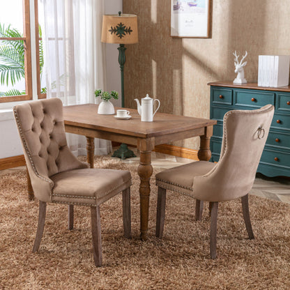 Modern, High-end Tufted Solid Wood Contemporary Velvet Upholstered Dining Chair with Wood Legs Nailhead Trim 2-Pcs Set, Khaki