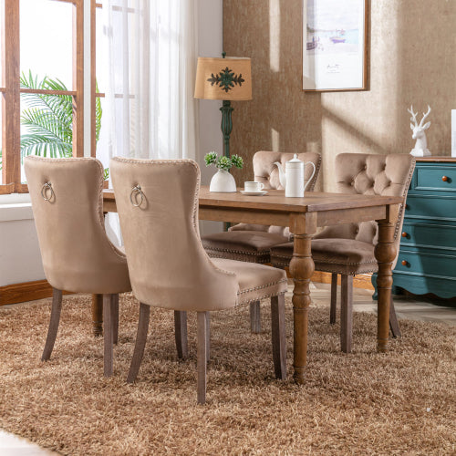 Modern, High-end Tufted Solid Wood Contemporary Velvet Upholstered Dining Chair with Wood Legs Nailhead Trim 2-Pcs Set, Khaki