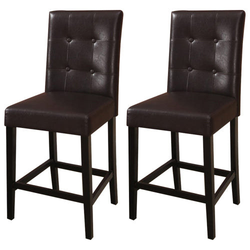 Set of 2 Counter Height Dining Chairs, Tufted Back, Brown Faux Leather, Wood Veneer & Birch Frame