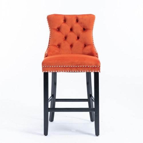 Set of 2 Orange Velvet Barstools,dining chair Button Tufted, Solid Wood Legs, Chrome Nailhead