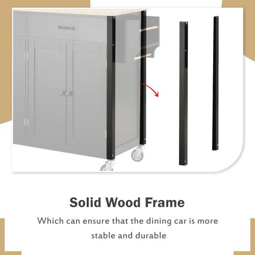 Black Solid Wood Top Kitchen Island Cart With Locking Wheels