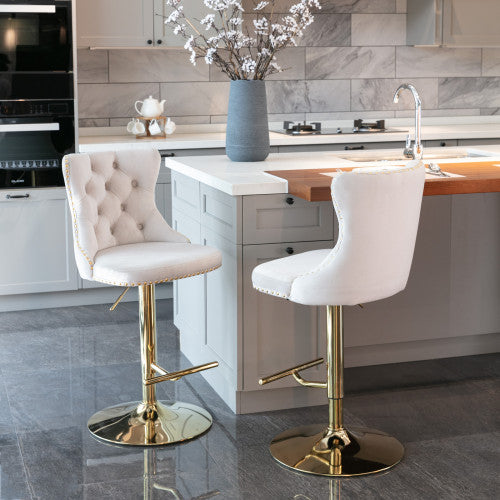 Furniture,Golden Swivel Velvet Barstools Adjusatble Seat Height from 25-33 Inch,Modern Upholstered Bar Stools with Backs Comfortable Tufted for Home Pub and Kitchen Island,Beige,Set of 2