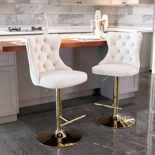 Furniture,Golden Swivel Velvet Barstools Adjusatble Seat Height from 25-33 Inch,Modern Upholstered Bar Stools with Backs Comfortable Tufted for Home Pub and Kitchen Island,Beige,Set of 2