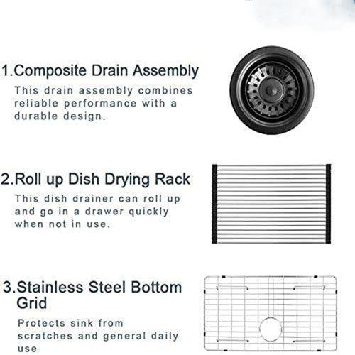 Stainless Steel Kitchen Sink, 30″x19″ Single Bowl, Undermount HandmadeSink in Black, with US Standard Drain and Hook, SS-BL-05