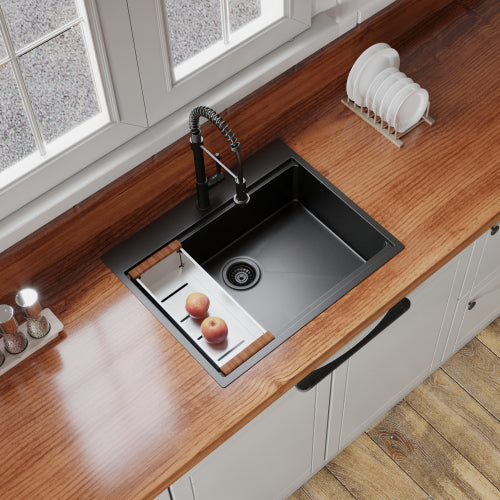30" x 22" Black Drop In Kitchen Sink, 16 Gauge Stainless Steel Workstation Sink