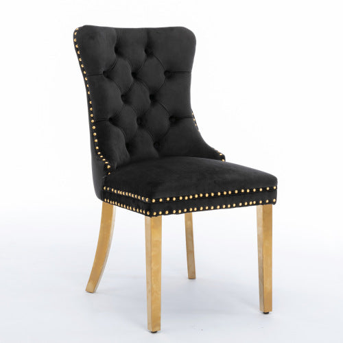 Single Black & Gold Tufted Velvet Dining Chair, Solid Wood Frame, Nailhead Trim, Chrome Plated Stainless Steel Legs