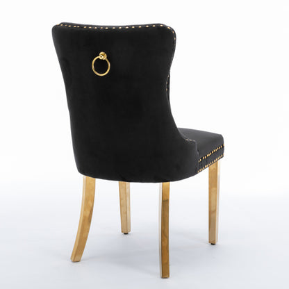 Single Black & Gold Tufted Velvet Dining Chair, Solid Wood Frame, Nailhead Trim, Chrome Plated Stainless Steel Legs