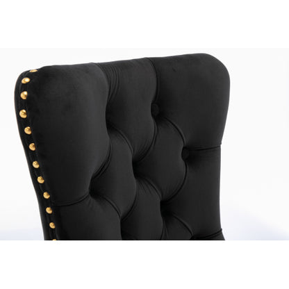 Single Black & Gold Tufted Velvet Dining Chair, Solid Wood Frame, Nailhead Trim, Chrome Plated Stainless Steel Legs