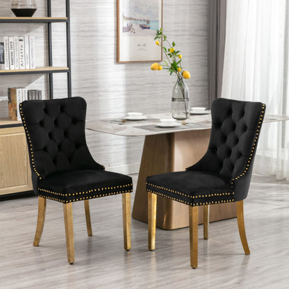 Tufted Velvet Dining Chairs with Nailhead Trim and Gold Legs, Set of 2, Black