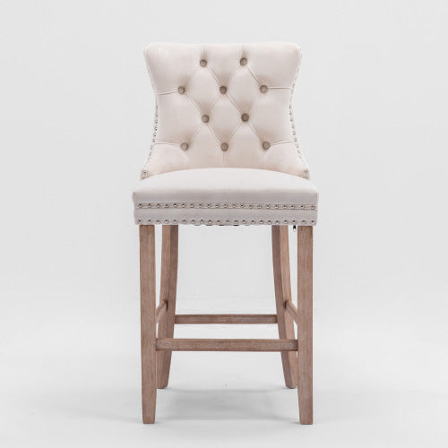 Set of 2 Beige Velvet Barstools, Button Tufted, Solid Wood Legs, Chrome Nailhead