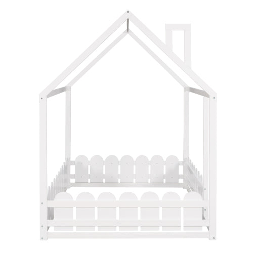 (Slats are not included) Full Size Wood Bed House Bed Frame with Fence,for Kids,Teens,Girls,Boys (White )