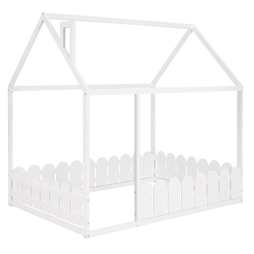 (Slats are not included) Full Size Wood Bed House Bed Frame with Fence,for Kids,Teens,Girls,Boys (White )