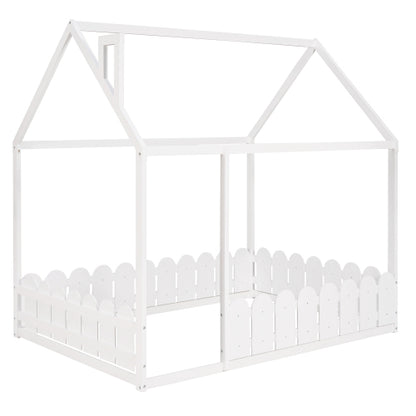 (Slats are not included) Full Size Wood Bed House Bed Frame with Fence,for Kids,Teens,Girls,Boys (White )