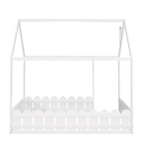 (Slats are not included) Full Size Wood Bed House Bed Frame with Fence,for Kids,Teens,Girls,Boys (White )