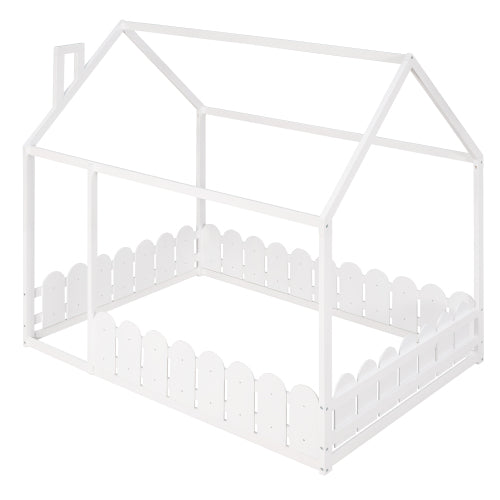 (Slats are not included) Full Size Wood Bed House Bed Frame with Fence,for Kids,Teens,Girls,Boys (White )