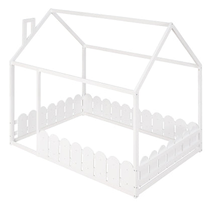 (Slats are not included) Full Size Wood Bed House Bed Frame with Fence,for Kids,Teens,Girls,Boys (White )