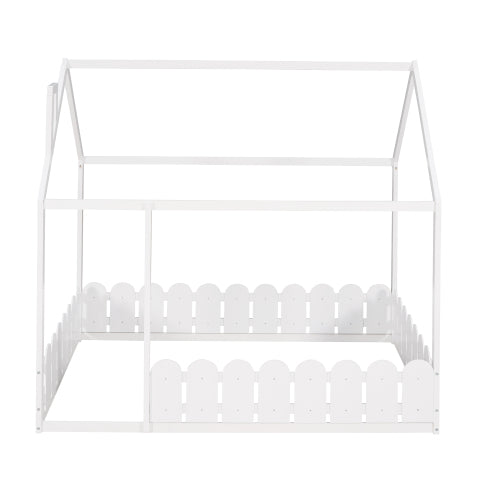 (Slats are not included) Full Size Wood Bed House Bed Frame with Fence,for Kids,Teens,Girls,Boys (White )