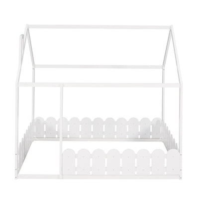 (Slats are not included) Full Size Wood Bed House Bed Frame with Fence,for Kids,Teens,Girls,Boys (White )