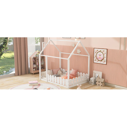 (Slats are not included) Full Size Wood Bed House Bed Frame with Fence,for Kids,Teens,Girls,Boys (White )