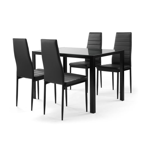 5-Piece Black Dining Table Set for 4, Tempered Glass Top Table & 4 Faux Leather Dining Chairs