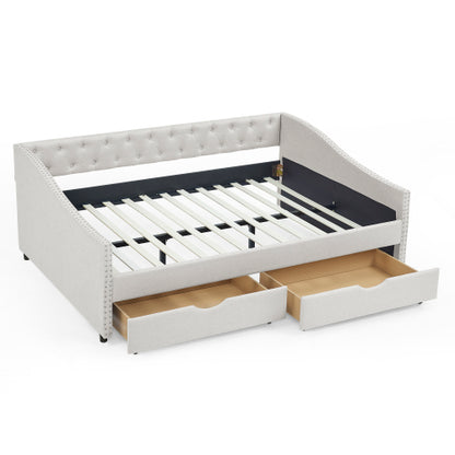 Beige Full-Size Tufted Daybed Sofa-Bed with 2 Storage Drawers Nailhead-Trim Waved Arms 80.5 inch *55.5 inch *27.5 inch