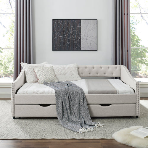 Beige Full-Size Tufted Daybed Sofa-Bed with 2 Storage Drawers Nailhead-Trim Waved Arms 80.5 inch *55.5 inch *27.5 inch