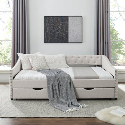 Beige Full-Size Tufted Daybed Sofa-Bed with 2 Storage Drawers Nailhead-Trim Waved Arms 80.5 inch *55.5 inch *27.5 inch