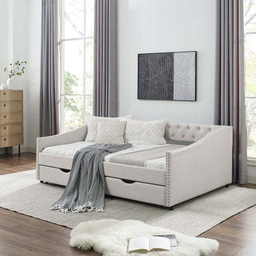 Beige Full-Size Tufted Daybed Sofa-Bed with 2 Storage Drawers Nailhead-Trim Waved Arms 80.5 inch *55.5 inch *27.5 inch