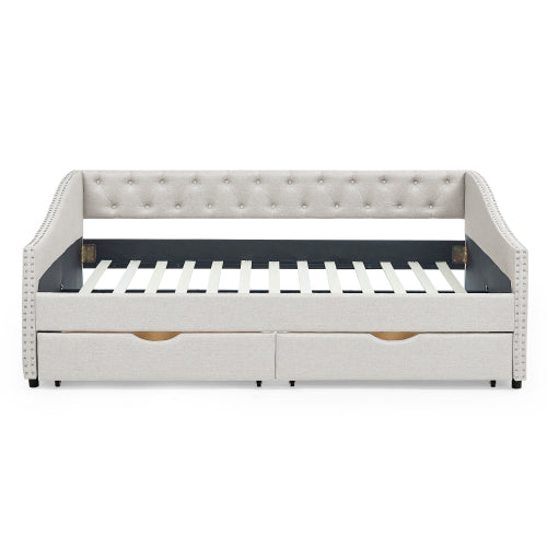 Beige Full-Size Tufted Daybed Sofa-Bed with 2 Storage Drawers Nailhead-Trim Waved Arms 80.5 inch *55.5 inch *27.5 inch