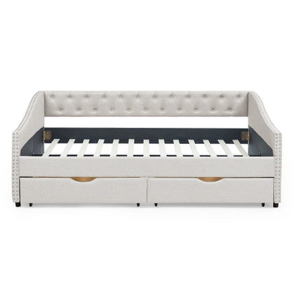 Beige Full-Size Tufted Daybed Sofa-Bed with 2 Storage Drawers Nailhead-Trim Waved Arms 80.5 inch *55.5 inch *27.5 inch
