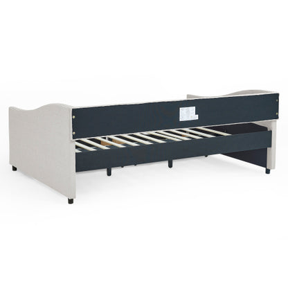 Beige Full-Size Tufted Daybed Sofa-Bed with 2 Storage Drawers Nailhead-Trim Waved Arms 80.5 inch *55.5 inch *27.5 inch