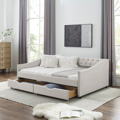 Beige Full-Size Tufted Daybed Sofa-Bed with 2 Storage Drawers Nailhead-Trim Waved Arms 80.5 inch *55.5 inch *27.5 inch