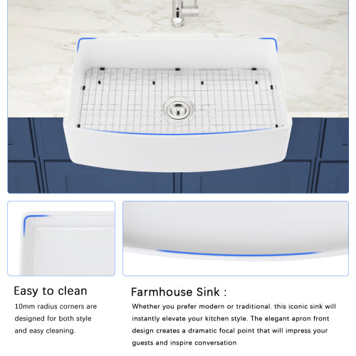 Fireclay 33" L X 20" W Farmhouse Arch Edge Apron Front Single Bowl Kitchen Sink