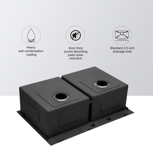 Double Bowl Drop in Sink- 33" x 22" x 10" Gunmetal Black Double Bowl Kitchen Sink 16 Gauge with Two 10" Deep Basin
