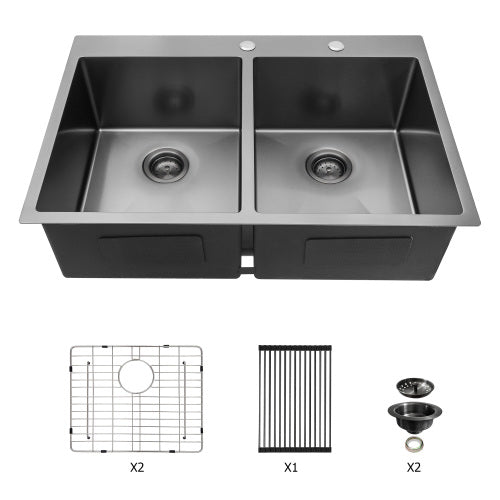 Double Bowl Drop in Sink- 33" x 22" x 10" Gunmetal Black Double Bowl Kitchen Sink 16 Gauge with Two 10" Deep Basin