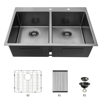 Double Bowl Drop in Sink- 33" x 22" x 10" Gunmetal Black Double Bowl Kitchen Sink 16 Gauge with Two 10" Deep Basin