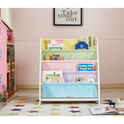Small White Kids Canvas Sling Bookcase Non-toxic Safe Children Storage Rack