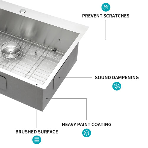 33 x 22 x 9 inch Kitchen Sink Drop In 16 Gauge Stainless Steel 33" Single Bowl Topmount Kitchen Sink Basin