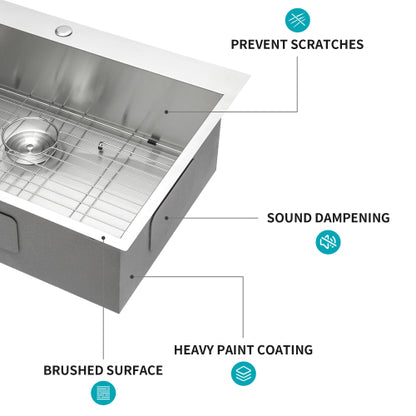 33 x 22 x 9 inch Kitchen Sink Drop In 16 Gauge Stainless Steel 33" Single Bowl Topmount Kitchen Sink Basin