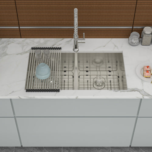 Double Bowl(50/50) Undermount Sink- 33"x19"x10" Double Bowl Kitchen Sink 16 Gauge with Two 10" Deep Basin