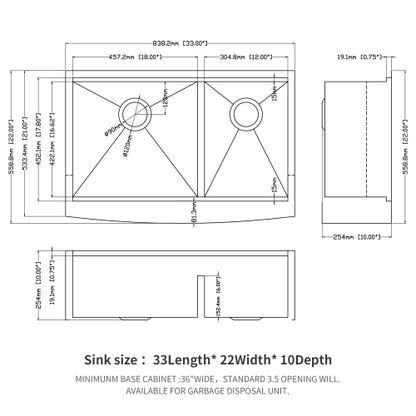 Double Bowl(60/40) Farmhouse Sink Workstation - 33 Inch Kitchen Sink Stainless Steel 16 gauge Apron Front Kitchen Sink