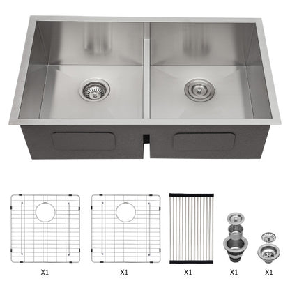 Double Bowl(50/50) Undermount Sink- 33"x19"x10" Double Bowl Kitchen Sink 16 Gauge with Two 10" Deep Basin